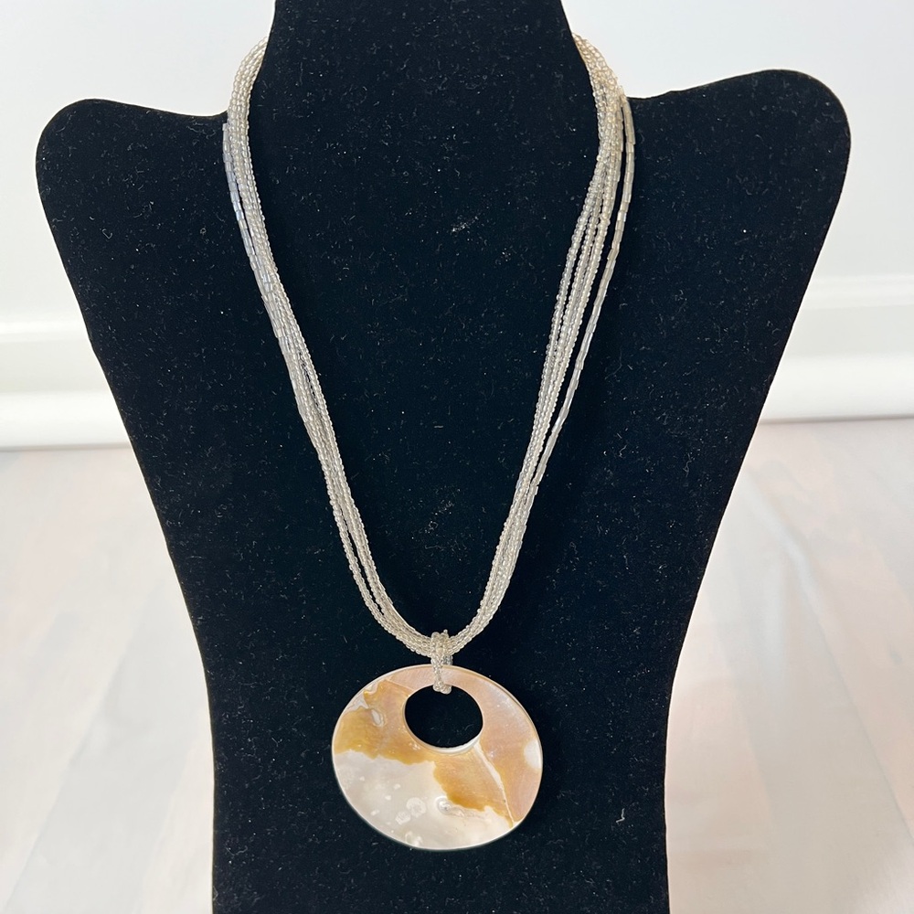 Large Mother of Pearl Shell Pendant Necklace Multi-Strand Seed Bead Boho nWOT